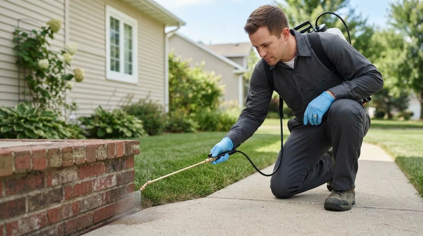 Pest control technician treating a home near Cedarhurst, NY